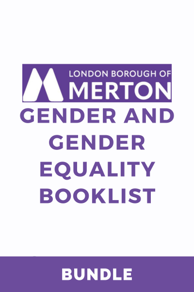 Tile with purple font on white background which reads London borough of Merton Gender and Gender Equality Booklist