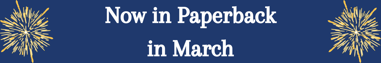Blue banner with white text which reads New in Paperback in March