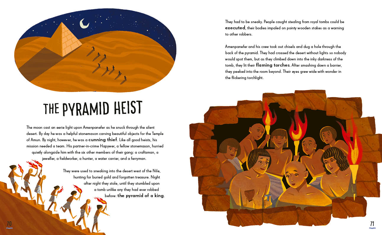 A spread from Tales of Ancient Egypt by Hugo D Cook telling the story of The Great Pyramid Heist
