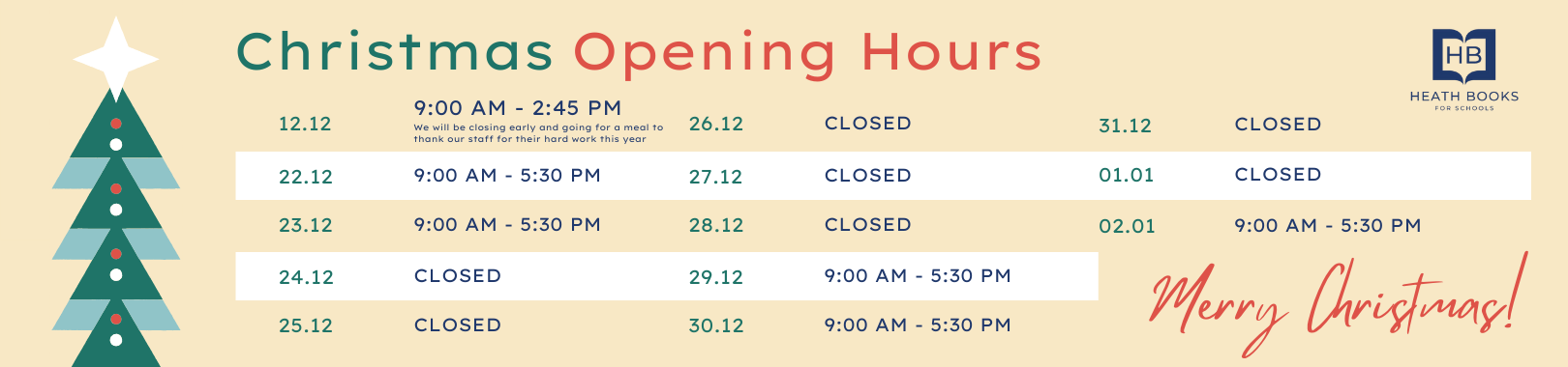 Christmas 2025 and New Year Opening Times