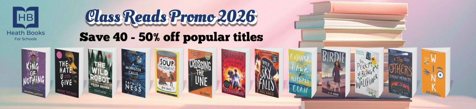 Heath Books Class Reads Promotion 2026 Banner - Save 40-50% off popular titles