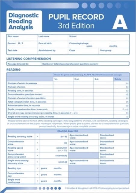 Diagnostic Reading Analysis (DRA) Pupil Record Sheet A (Pack of 10) 3rd ed — book cover