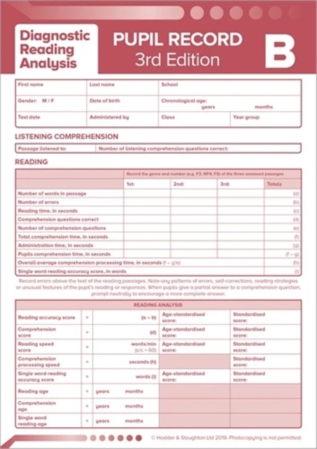 Diagnostic Reading Analysis (DRA) Pupil Record Sheet B (Pack of 10) 3rd ed — book cover
